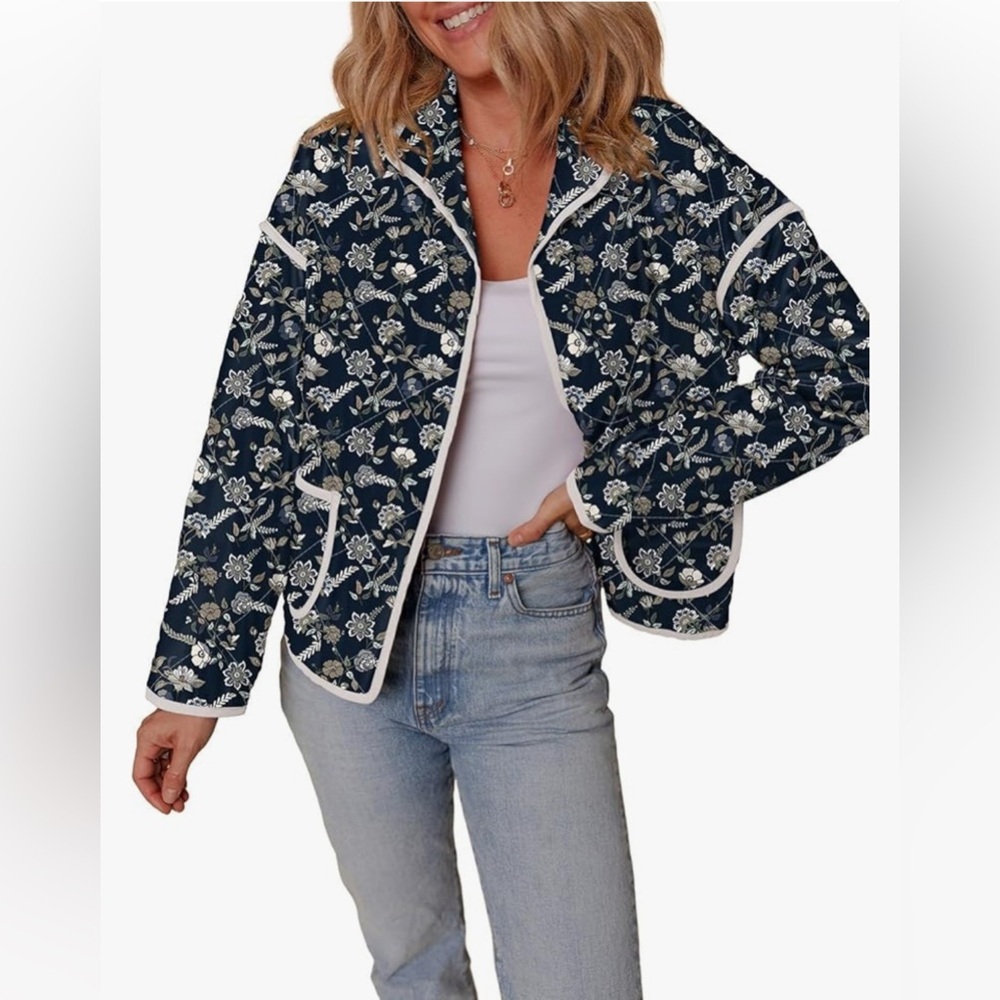 Floral Navy Jacket with White Accents